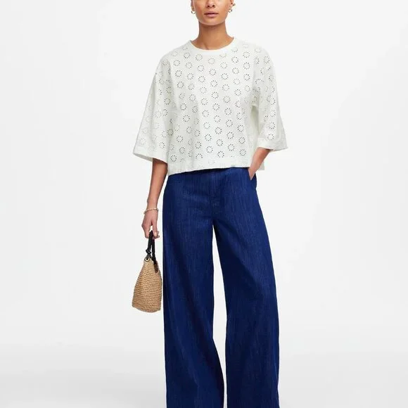 Madewell Embroidered Wide-Sleeve Boxy Tee Sunfaded Blue Relaxed Fit Casual Top S - Picture 14 of 16